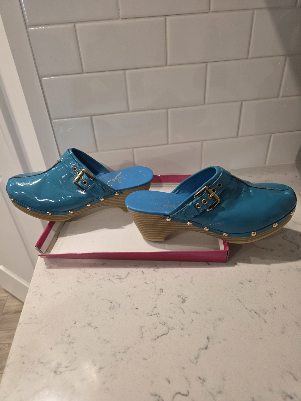 Turquoise Patent Leather Women's Clog Heels